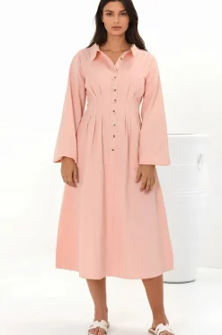 Adalyn Midi Dress - Collared A Line Dress with Cinched Waistline and Contrast Stitching in Pink>Salty Crush New