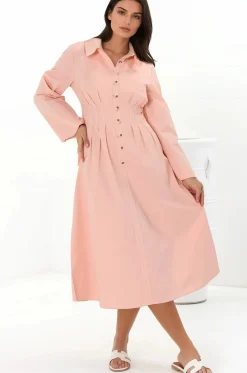 Adalyn Midi Dress - Collared A Line Dress with Cinched Waistline and Contrast Stitching in Pink><noscript><img width=