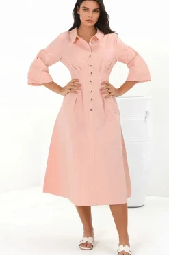 Adalyn Midi Dress - Collared A Line Dress with Cinched Waistline and Contrast Stitching in Pink><noscript><img width=