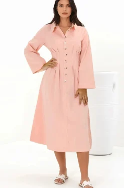 Adalyn Midi Dress - Collared A Line Dress with Cinched Waistline and Contrast Stitching in Pink><noscript><img width=