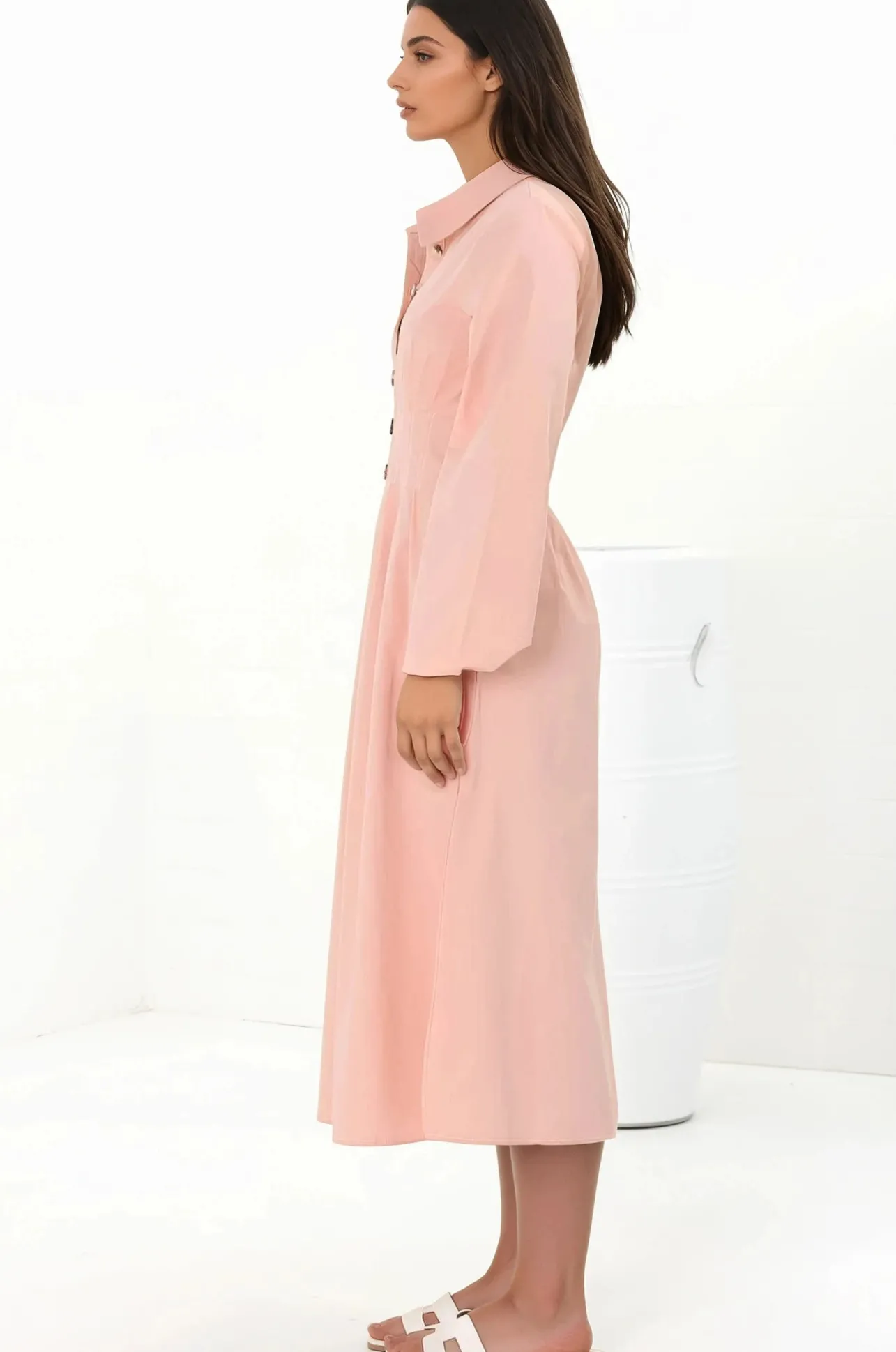 Adalyn Midi Dress - Collared A Line Dress with Cinched Waistline and Contrast Stitching in Pink>Salty Crush New