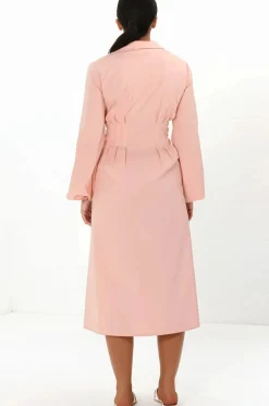 Adalyn Midi Dress - Collared A Line Dress with Cinched Waistline and Contrast Stitching in Pink><noscript><img width=