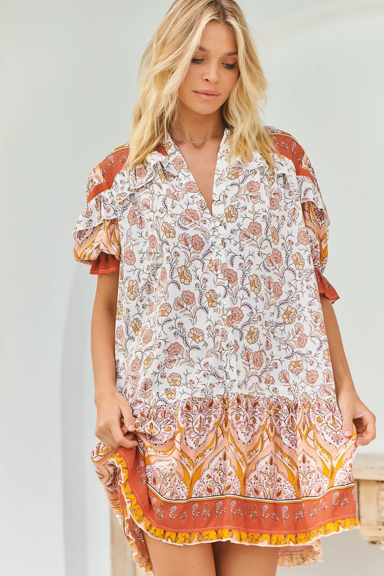 Addy Mini Dress - Statement Balloon Sleeve Button Down Dress in Quincy Print>Jaase Discount