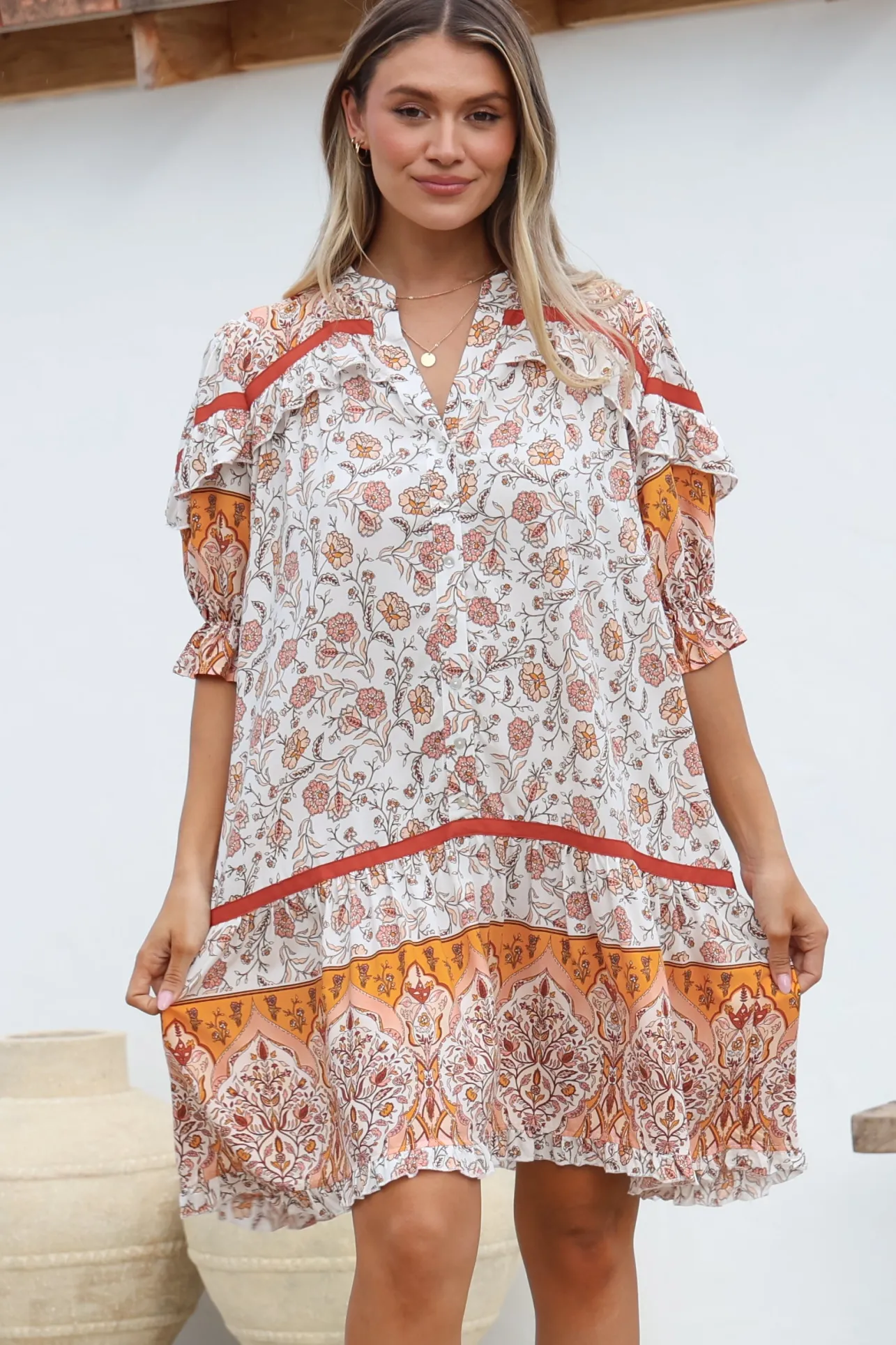 Addy Mini Dress - Statement Balloon Sleeve Button Down Dress in Quincy Print>Jaase Discount