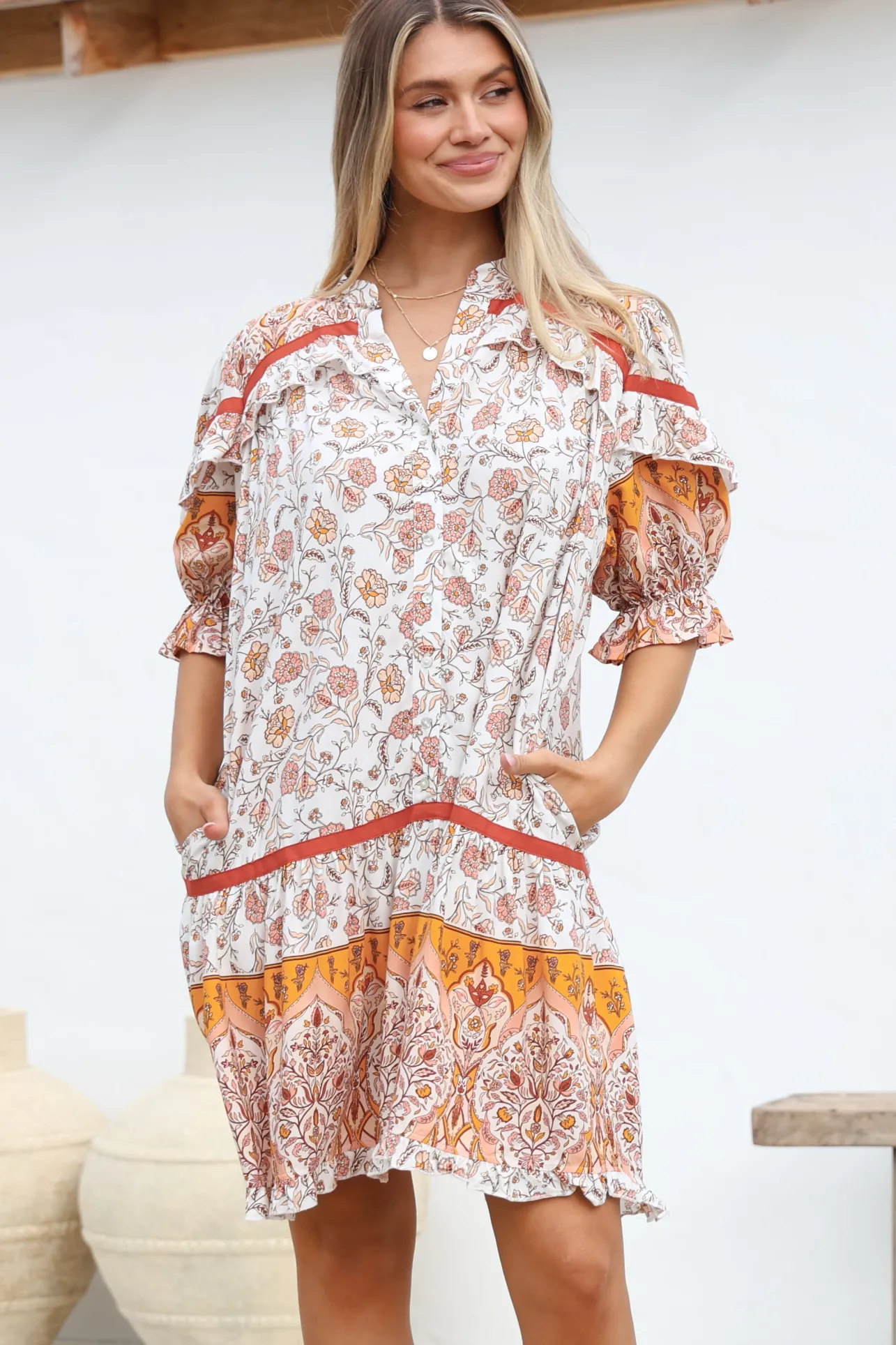 Addy Mini Dress - Statement Balloon Sleeve Button Down Dress in Quincy Print>Jaase Discount
