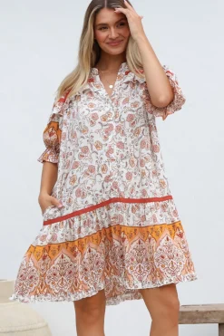 Addy Mini Dress - Statement Balloon Sleeve Button Down Dress in Quincy Print><noscript><img width=