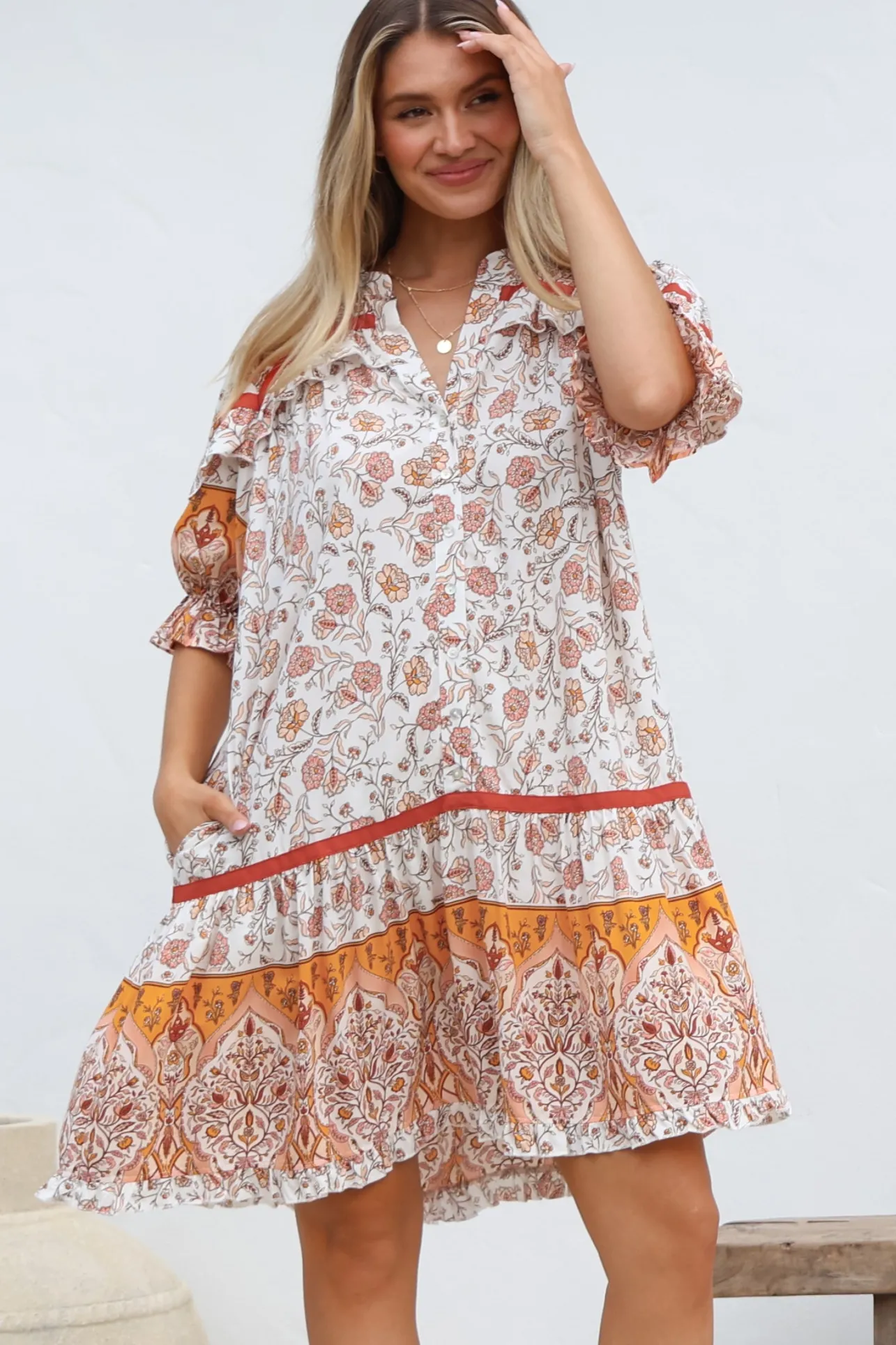 Addy Mini Dress - Statement Balloon Sleeve Button Down Dress in Quincy Print>Jaase Discount