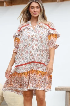 Addy Mini Dress - Statement Balloon Sleeve Button Down Dress in Quincy Print><noscript><img width=