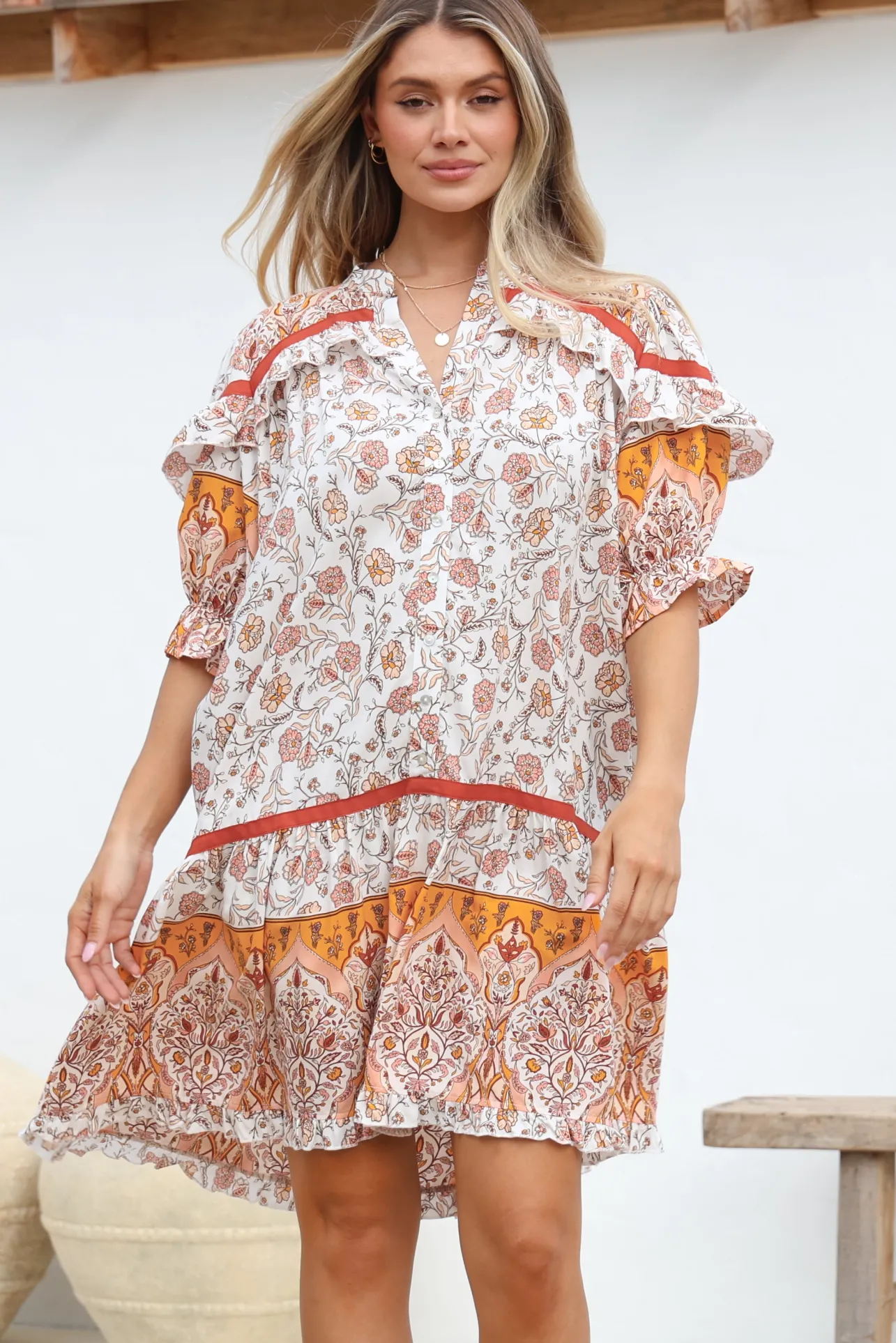 Addy Mini Dress - Statement Balloon Sleeve Button Down Dress in Quincy Print>Jaase Discount