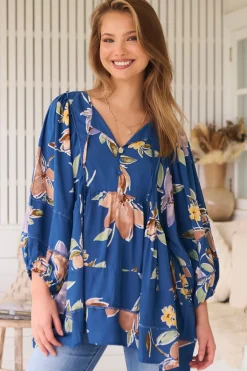 Adela Blouse - Lace Detailed Oversized Blouse in Georgia Blue Print>Jaase Sale