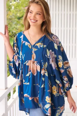 Adela Blouse - Lace Detailed Oversized Blouse in Georgia Blue Print><noscript><img width=