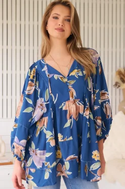 Adela Blouse - Lace Detailed Oversized Blouse in Georgia Blue Print><noscript><img width=