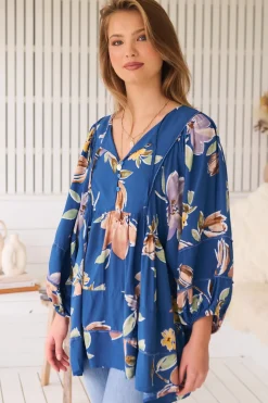Adela Blouse - Lace Detailed Oversized Blouse in Georgia Blue Print><noscript><img width=