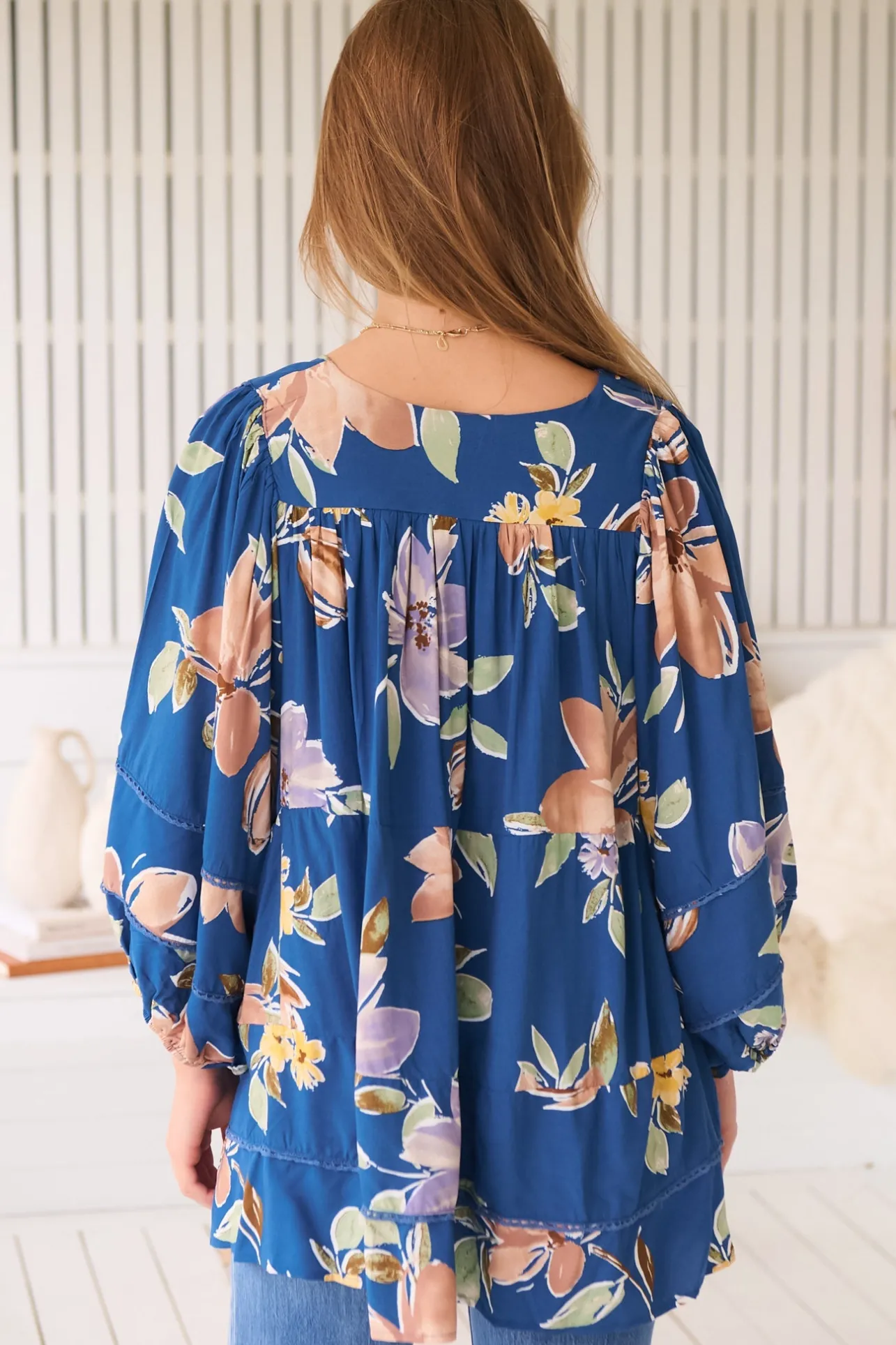 Adela Blouse - Lace Detailed Oversized Blouse in Georgia Blue Print>Jaase Sale