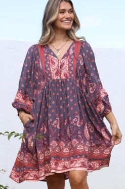 Adela Mini Dress - Oversized Smock Dress with Batwing Sleeves in Dancing Daisy Print>Jaase New