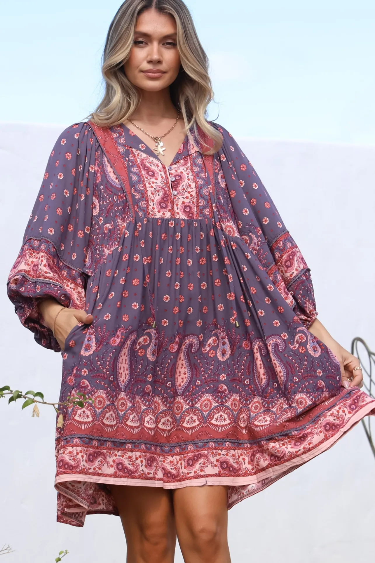 Adela Mini Dress - Oversized Smock Dress with Batwing Sleeves in Dancing Daisy Print>Jaase New