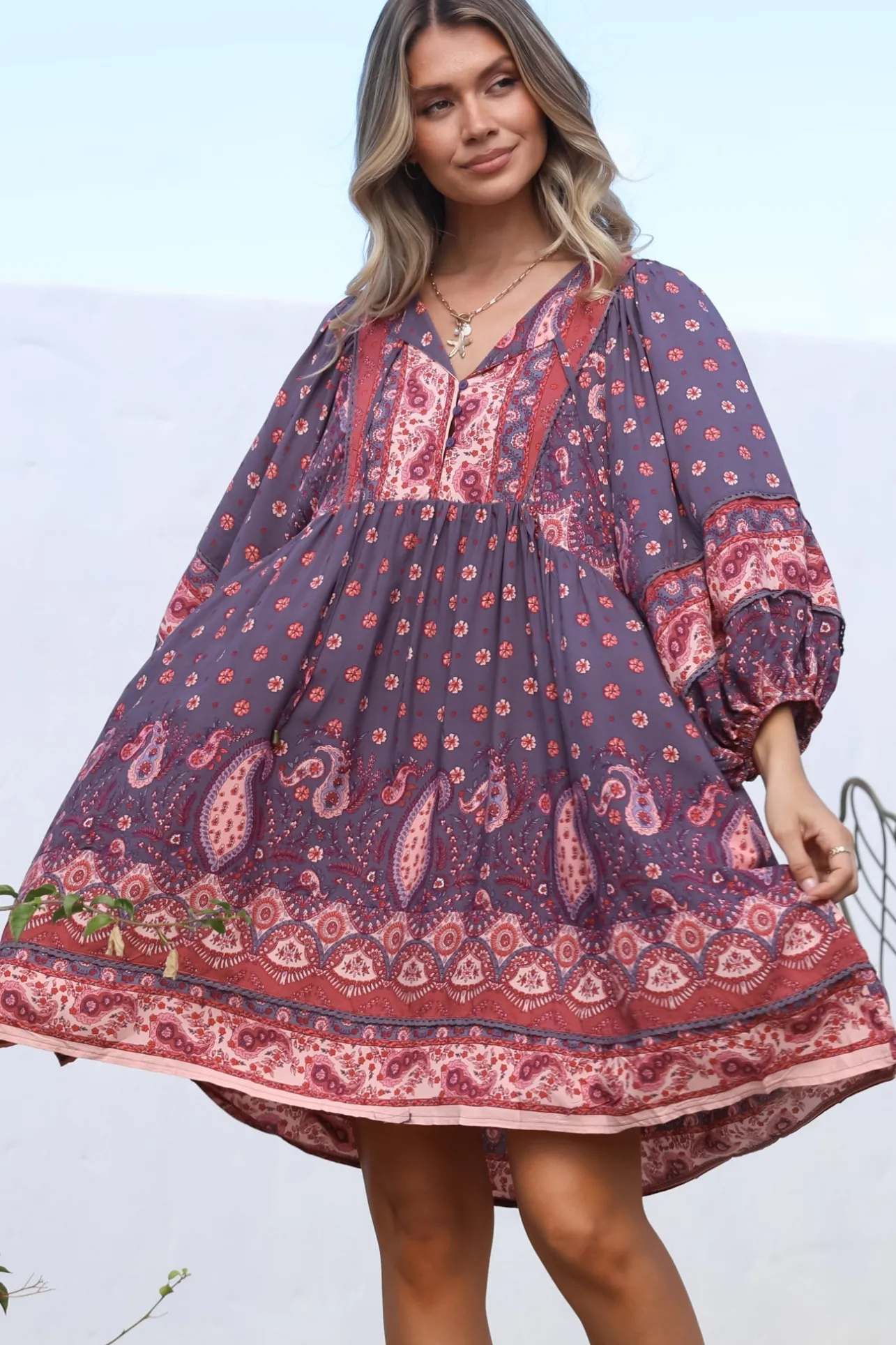 Adela Mini Dress - Oversized Smock Dress with Batwing Sleeves in Dancing Daisy Print>Jaase New