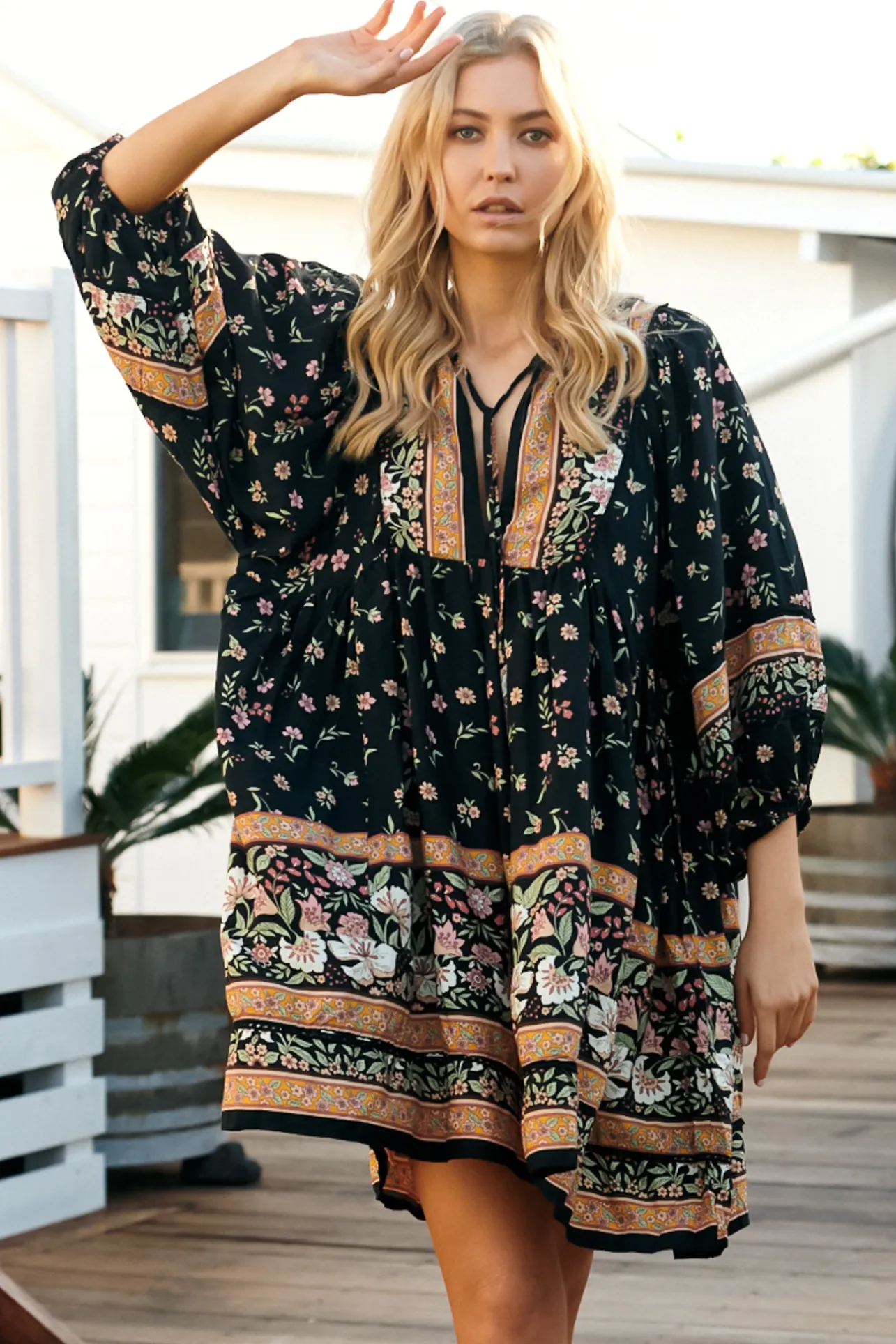 Adela Mini Dress - Oversized Smock Dress with Batwing Sleeves in Eternity Print>Jaase New