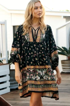 Adela Mini Dress - Oversized Smock Dress with Batwing Sleeves in Eternity Print>Jaase New