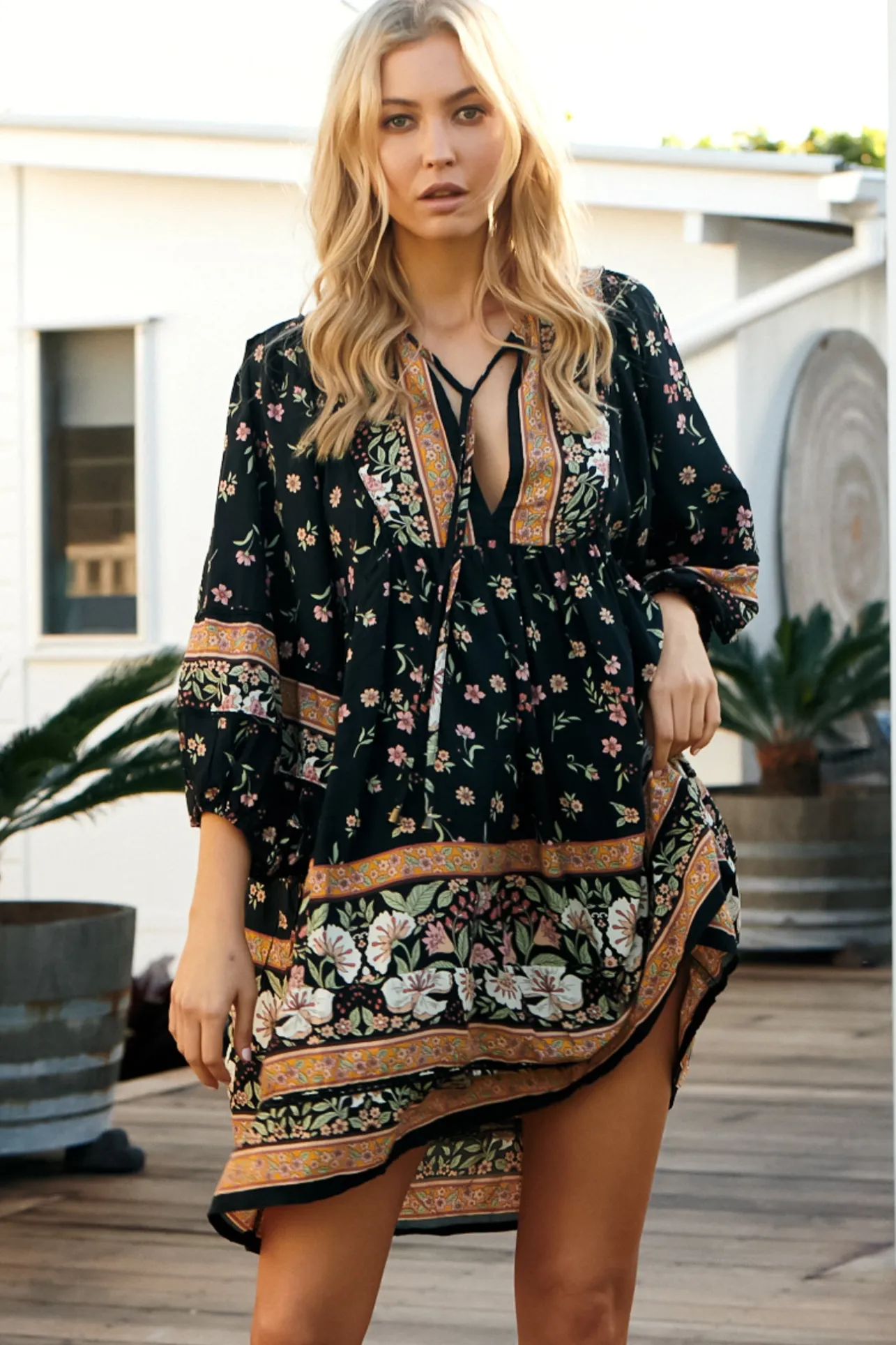 Adela Mini Dress - Oversized Smock Dress with Batwing Sleeves in Eternity Print>Jaase New
