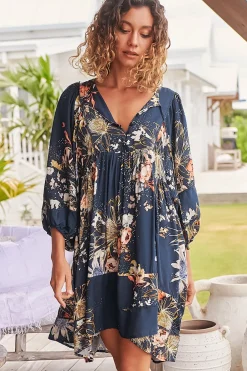 Adela Mini Dress - Oversized Smock Dress with Batwing Sleeves in Indigo Print><noscript><img width=