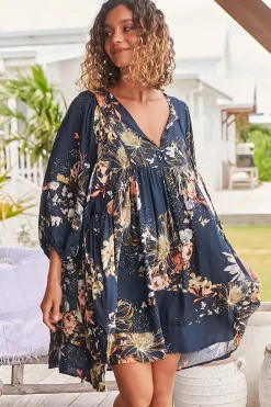Adela Mini Dress - Oversized Smock Dress with Batwing Sleeves in Indigo Print><noscript><img width=