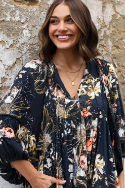 Adela Mini Dress - Oversized Smock Dress with Batwing Sleeves in Indigo Print><noscript><img width=