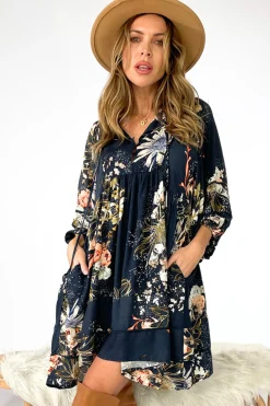 Adela Mini Dress - Oversized Smock Dress with Batwing Sleeves in Indigo Print><noscript><img width=