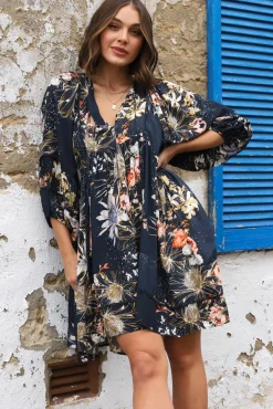 Adela Mini Dress - Oversized Smock Dress with Batwing Sleeves in Indigo Print><noscript><img width=