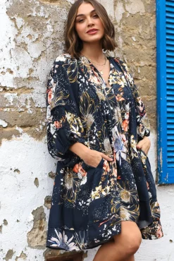 Adela Mini Dress - Oversized Smock Dress with Batwing Sleeves in Indigo Print><noscript><img width=