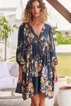 Adela Mini Dress - Oversized Smock Dress with Batwing Sleeves in Indigo Print><noscript><img width=
