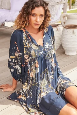 Adela Mini Dress - Oversized Smock Dress with Batwing Sleeves in Indigo Print><noscript><img width=