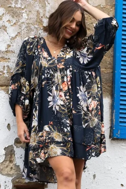 Adela Mini Dress - Oversized Smock Dress with Batwing Sleeves in Indigo Print><noscript><img width=