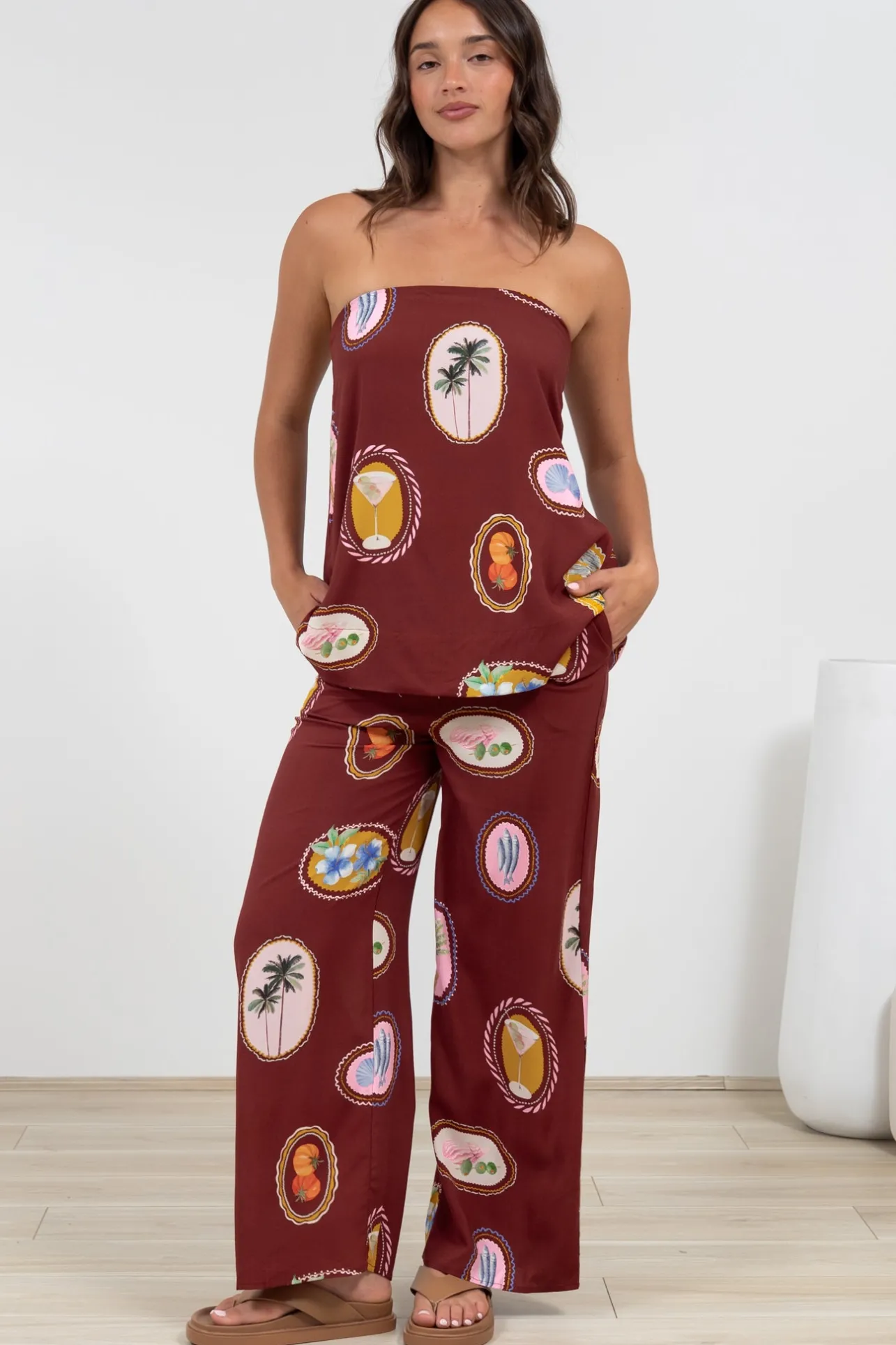 Adelaide Pants - Drawstring High Waisted Wide Leg Pant in Tamrin Print>Salty Crush New