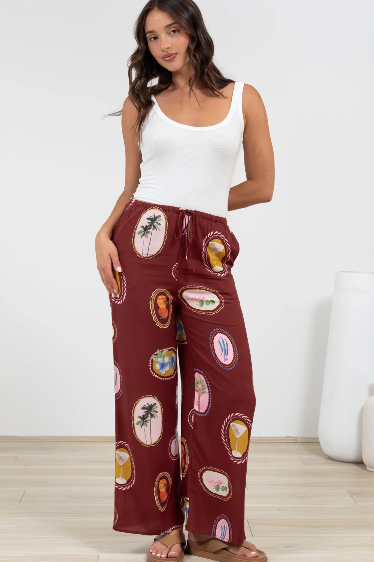 Adelaide Pants - Drawstring High Waisted Wide Leg Pant in Tamrin Print>Salty Crush New