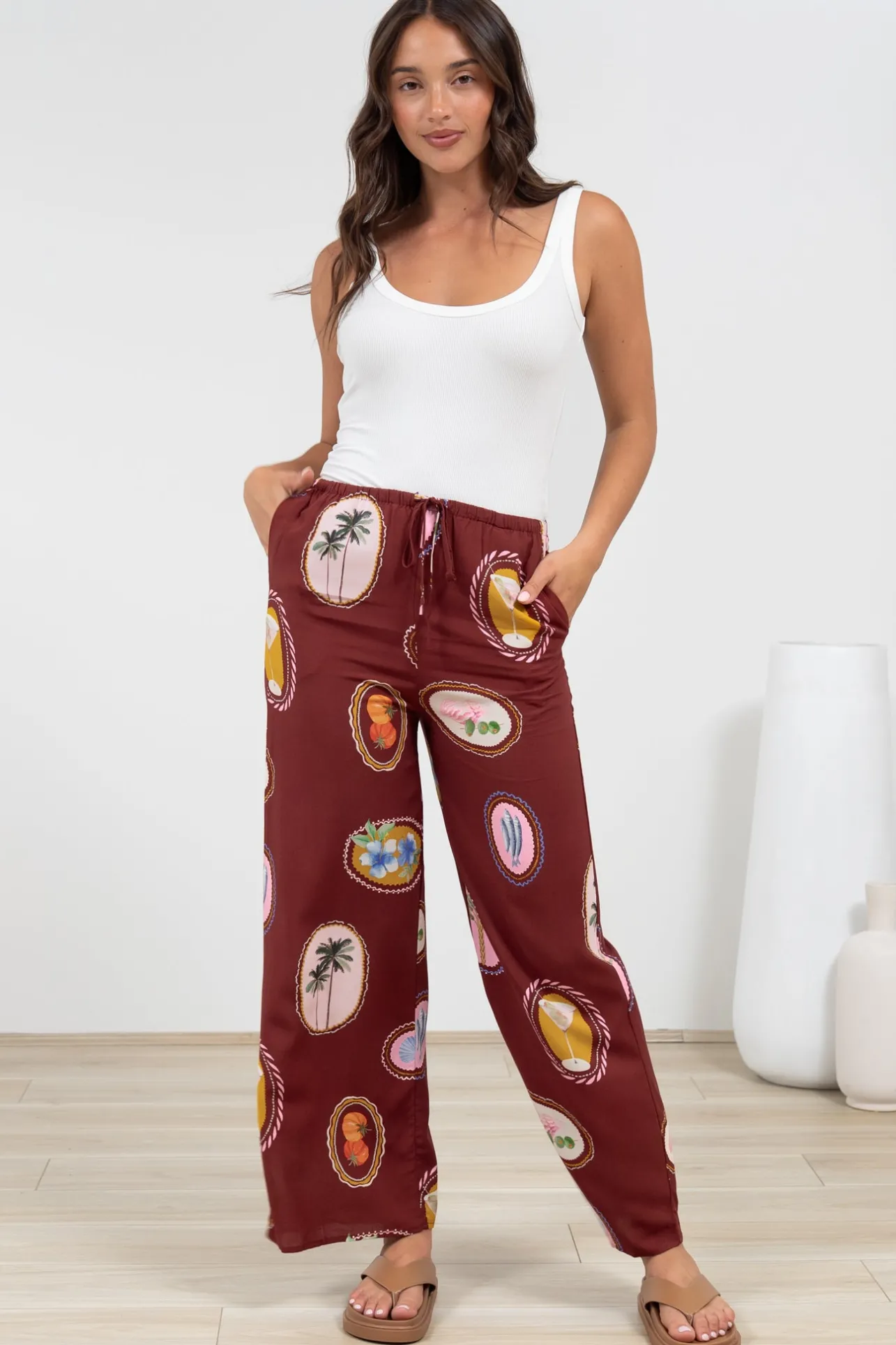 Adelaide Pants - Drawstring High Waisted Wide Leg Pant in Tamrin Print>Salty Crush New