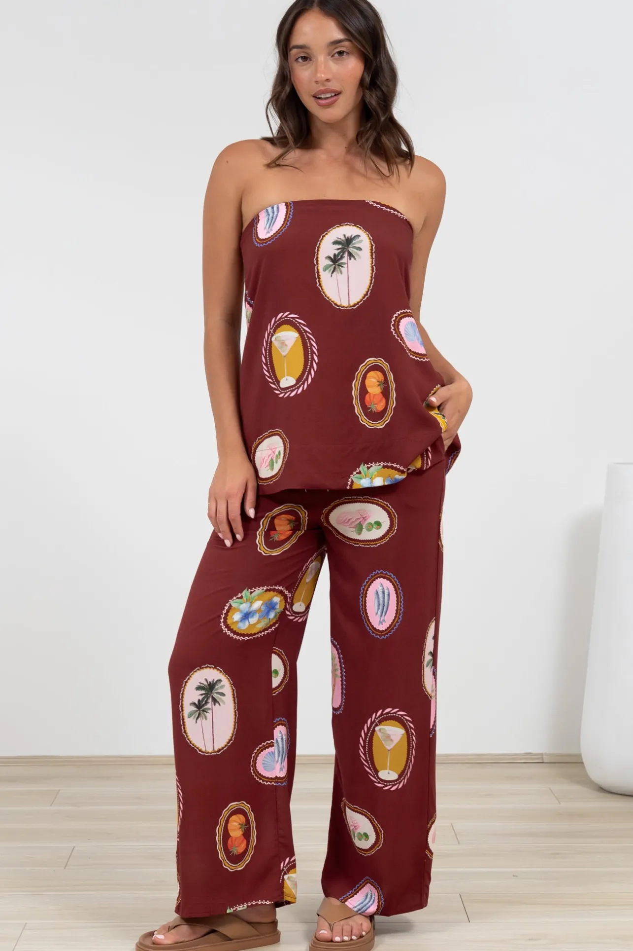 Adelaide Pants - Drawstring High Waisted Wide Leg Pant in Tamrin Print>Salty Crush New