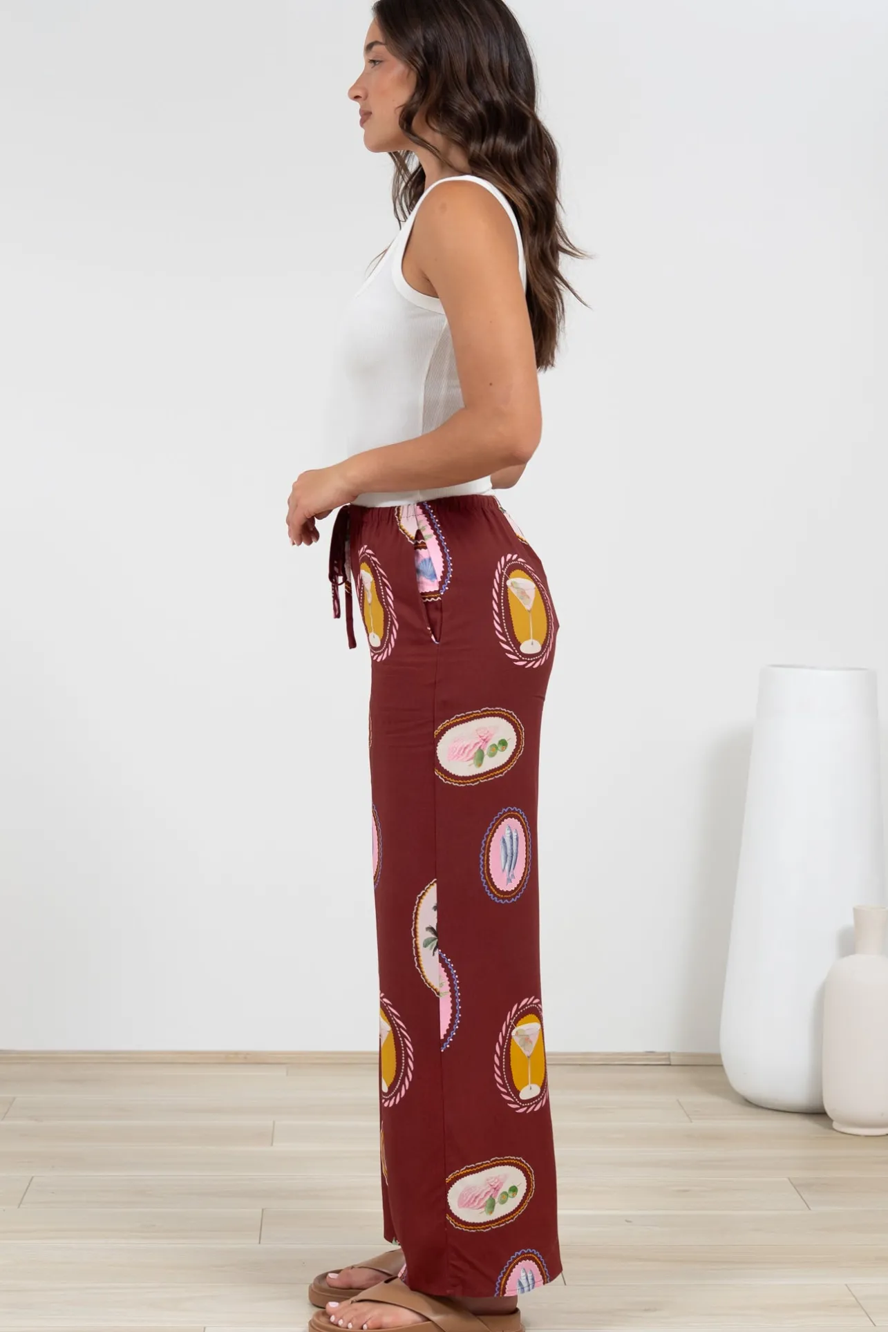 Adelaide Pants - Drawstring High Waisted Wide Leg Pant in Tamrin Print>Salty Crush New