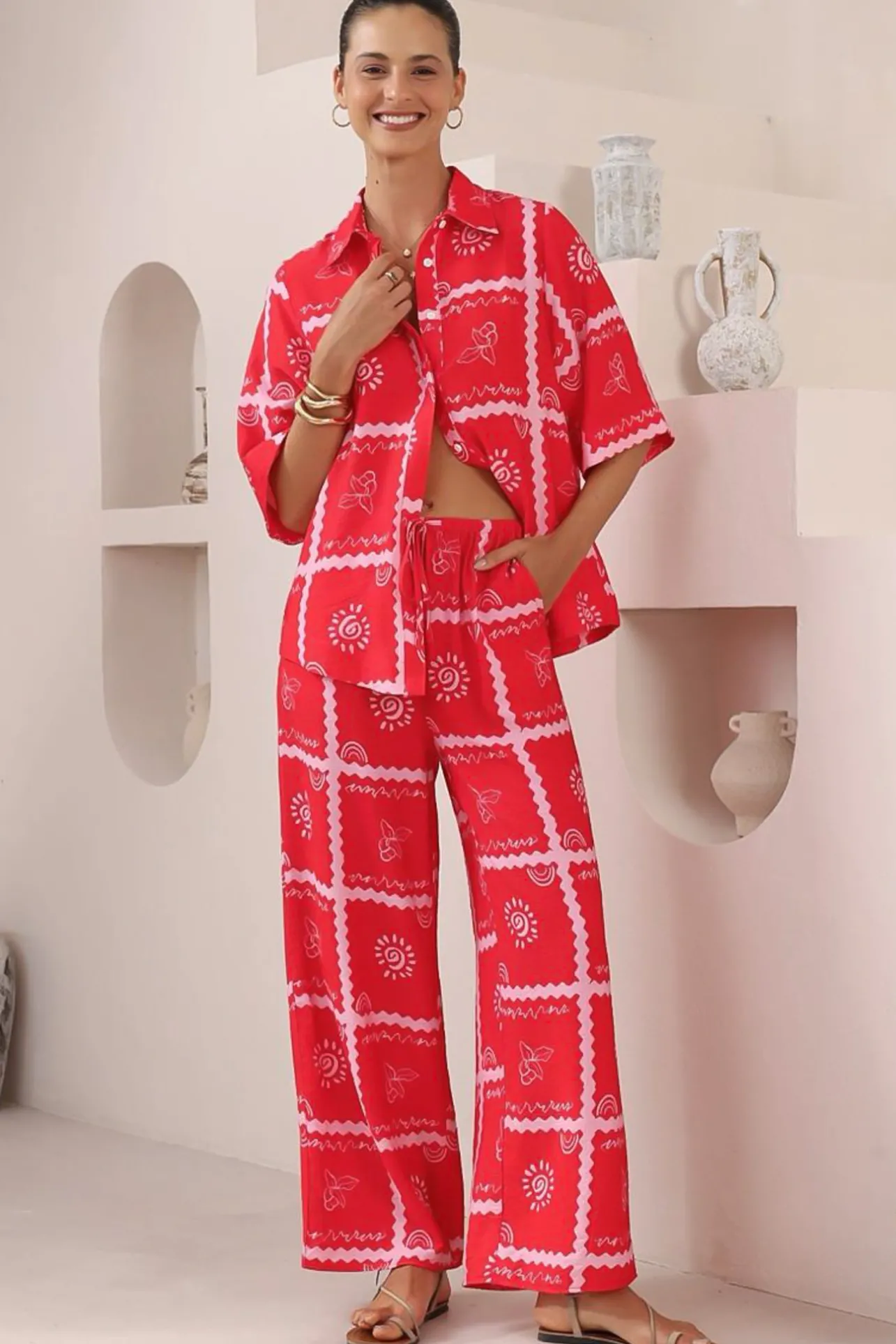 Adelaide Pants - Drawstring High Waisted Wide Leg Pant in Cambria Print>Salty Crush Online