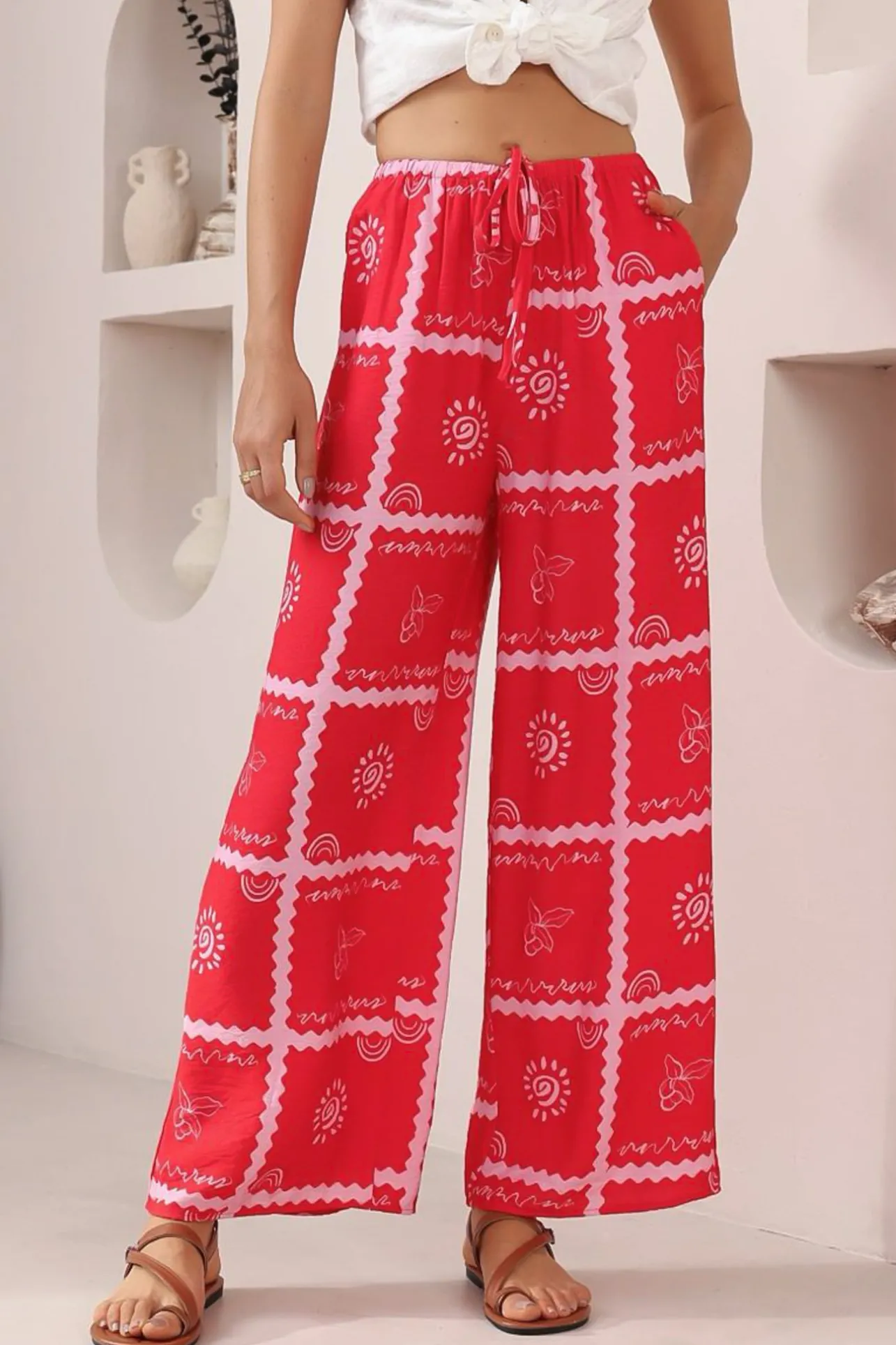 Adelaide Pants - Drawstring High Waisted Wide Leg Pant in Cambria Print>Salty Crush Online