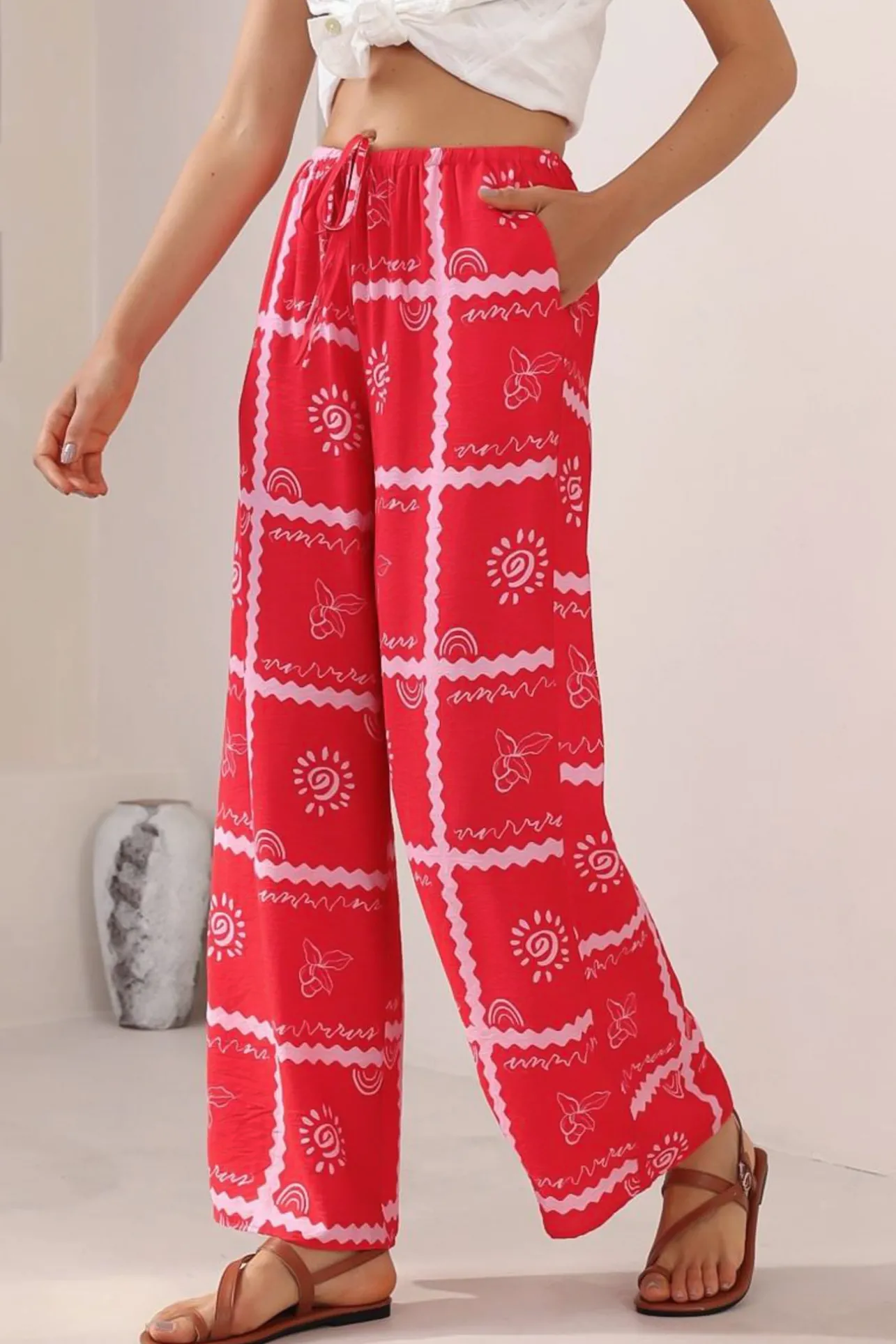 Adelaide Pants - Drawstring High Waisted Wide Leg Pant in Cambria Print>Salty Crush Online