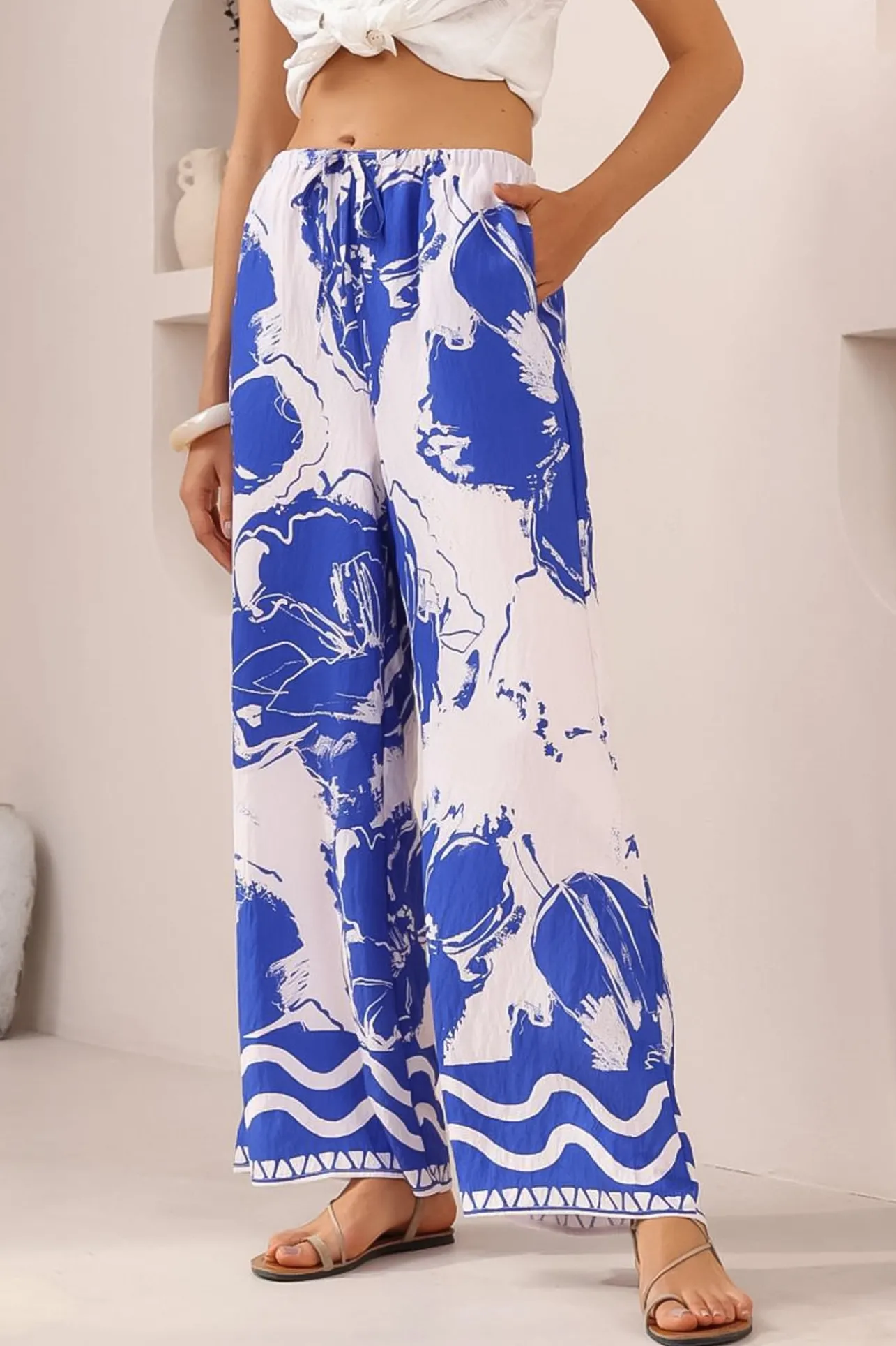 Adelaide Pants - Drawstring High Waisted Wide Leg Pant in Katiya Print>Salty Crush Outlet