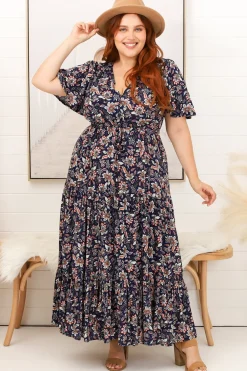 Adhira Maxi Dress - Buttoned Bodice A Line Dress With Flute Sleeves In Marla Print Navy>Salty Crush Discount