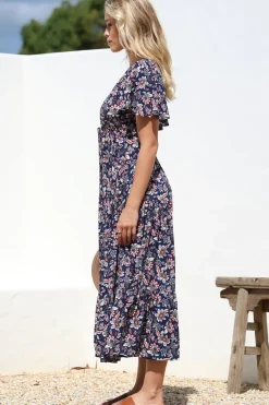 Adhira Maxi Dress - Buttoned Bodice A Line Dress With Flute Sleeves In Marla Print Navy><noscript><img width=
