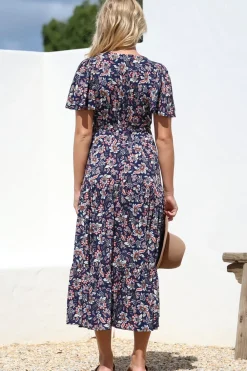 Adhira Maxi Dress - Buttoned Bodice A Line Dress With Flute Sleeves In Marla Print Navy><noscript><img width=