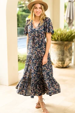 Adhira Maxi Dress - Buttoned Bodice A Line Dress With Flute Sleeves In Marla Print Navy><noscript><img width=