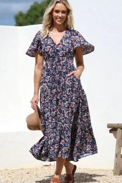 Adhira Maxi Dress - Buttoned Bodice A Line Dress With Flute Sleeves In Marla Print Navy><noscript><img width=