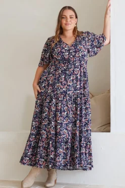 Adhira Maxi Dress - Buttoned Bodice A Line Dress With Flute Sleeves In Marla Print Navy><noscript><img width=