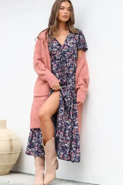 Adhira Maxi Dress - Buttoned Bodice A Line Dress With Flute Sleeves In Marla Print Navy><noscript><img width=