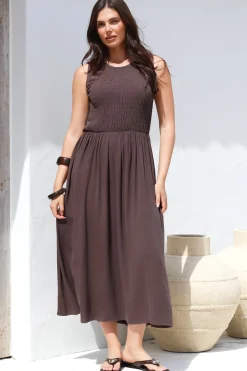 Adrian Midi Dress - Sleeveless Shirred Bodice A-Line Dress in Chocolate>Salty Crush Online